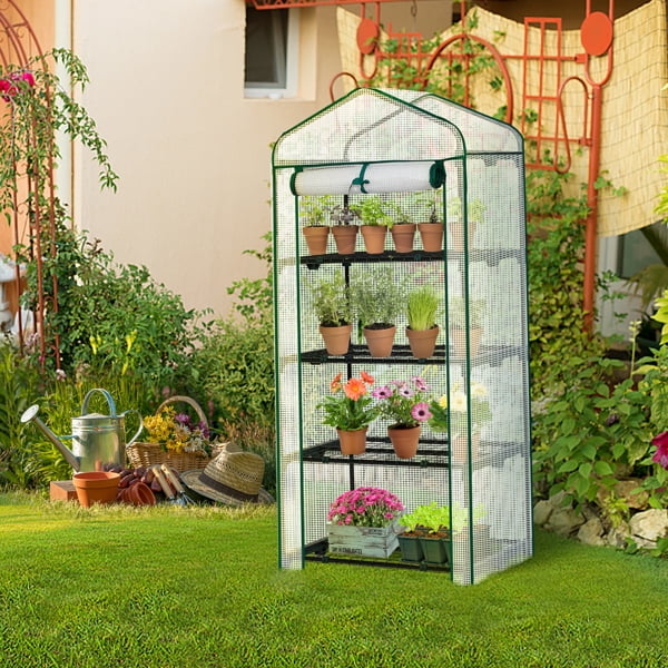 4 Tier Mini Greenhouse with PE Cover & Roll-Up Zipper Door, Portable Waterproof Greenhouse for Garden Backyard, 27" x 19" x 62", White