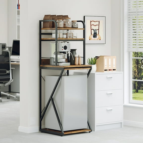 4-Tier Mini Shelf with Power Outlet and Storage – Mini Fridge Stand, Microwave Oven Stand Table, Bar Cabinet, Aquarium Stands, Freestadning for Kitchen, Living Room, Office, Patio