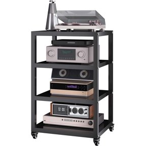 4-Tier Mobile AV Media Stand with Swivel Wheels, Steel Frame, Open Shelving for PS5, Turntable, Stereo Equipment, Black