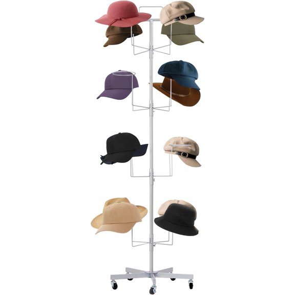 4-Tier Mobile Hat Rack 16 Hooks Adjustable Freestanding Hat Display Stand with 5 Universal Wheels for Home Shops Retail Storage (Silver)