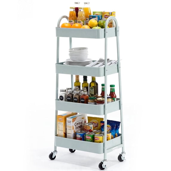 Metal Rolling Storage Cart - 4-Tier Mobile Kitchen Island & Serving Trolley - Green