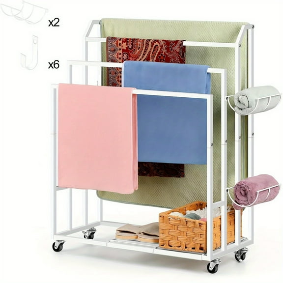 4-Tier Mobile Towel Rack with Wheels, No-Assembly Rolling Bathroom Organizer with Storage Shelf & Hooks for Bedroom, Living Room & Poolside, White Space-Saving Floor Stand