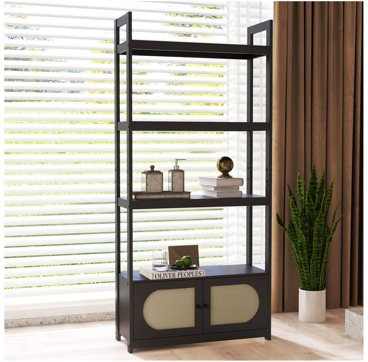 4 Tier Modern Bookshelf with Tall Bookcase with Woven Cane Doors, Freestanding Wood and