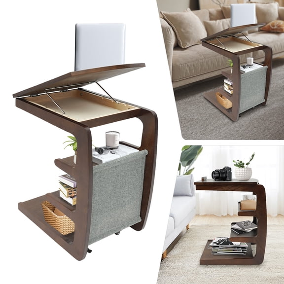 4-Tier Modern C-Shaped End Table Small Walnut End Table Wooden Couch Table