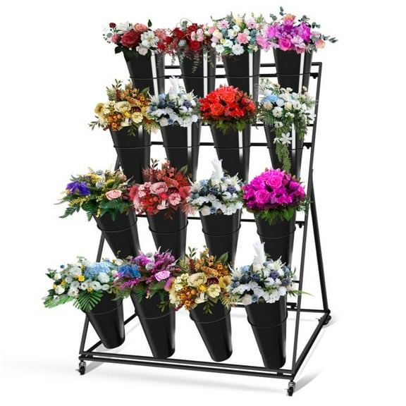 4-Tier Movable Metal Flower Rack-Having 16 Black Cylindrical Pots, Fortified Frame-Ideal for Florist Galleries' Displays & Garden Styling Solutions