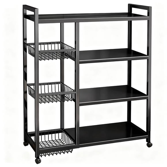 Movable Wire Rack, Heavy-Duty 4-Tier Storage Shelf with 3 Baskets and Wheels, Metal Shelves Organizer for Kitchen, Bathroom, Office, Garage, 31.5''L*12.6''W*42.5''H