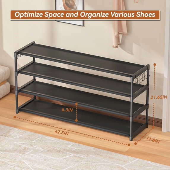4 Tier Multifunctional Long Shoe Rack with Hooks,Sturdy Wide Shoe Rack ...