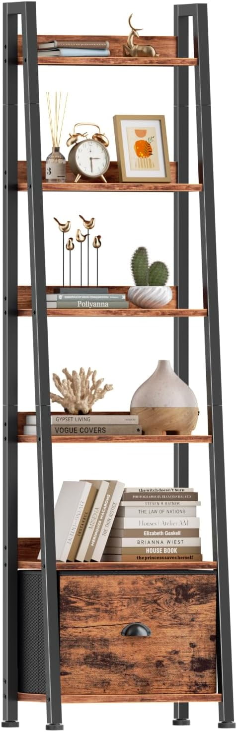 4 Tier Narrow Ladder Shelf Ladder Bookshelf with Drawer Industrial ...