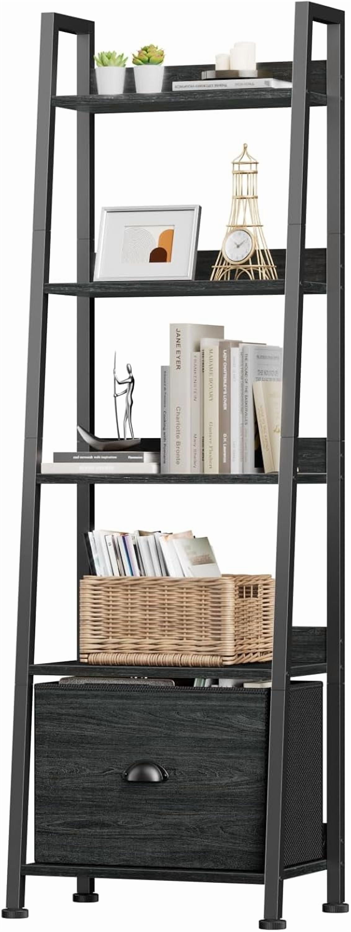 4 Tier Narrow Ladder Shelf Ladder Bookshelf with Drawer Industrial ...