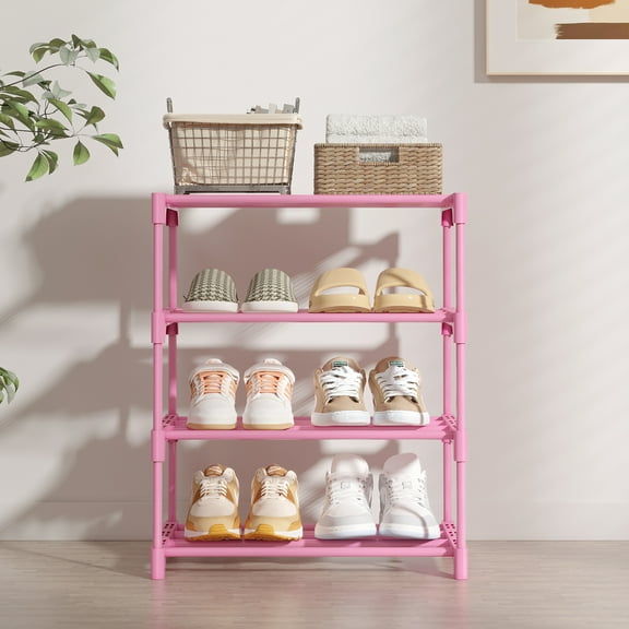 4-Tier Narrow Shoe Rack, Bug Hull Stackable Metal Shoe Organizer Tower for 8-10 Pairs, Pink