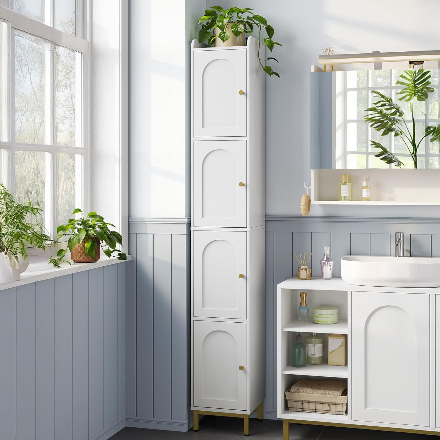 4-Tier Narrow Tall Storage Cabinet, Slim Bathroom Organizer with 4 ...