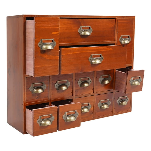 4 Tier Office Desk Organizer with 14 Drawers, Wooden Apothecary Cabinet Desktop Storage Cabinet with Label Boxes, Makeup Organizer Filing Case for Office Bedroom Home, L21*W6.3*H16.7in