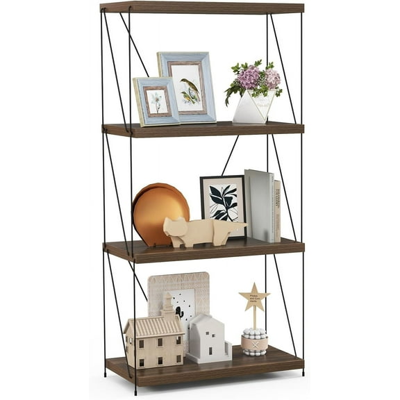 4-Tier Open-Back Bookshelf, Freestanding Display Rack, Metal Frame Storage Shelf, Industrial Style Bookcase, Home Organizer Unit for Living Room, Bedroom, Study