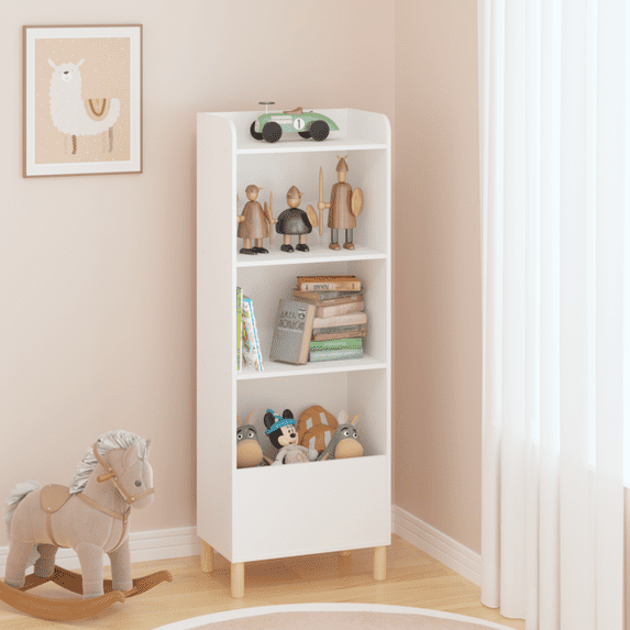 4-Tier Open Shelf Bookcase, Small Kids Bookshelf with Cabinet, Books and Toys Organizer Storage for Kids Room, Playroom, Living Room