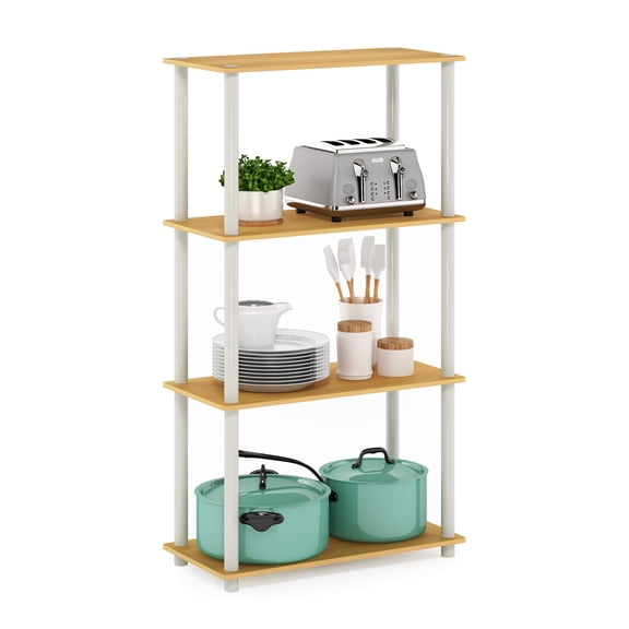 4-Tier Open Shelf Unit, Blonde Maple Wood Top & White Metal Frame, Tool-Free Assembly