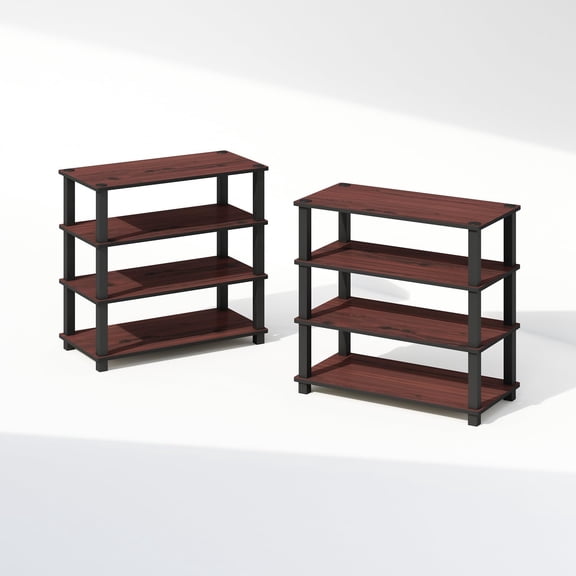 4-Tier Open Shelf Unit, Dark Cherry Wood Finish & Black Metal Frame, Tool-Free Assembly