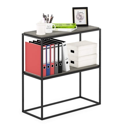 4-Tier Open Shelf Unit, French Oak Grey Wood Top & Black Metal Frame, Tool-Free Assembly