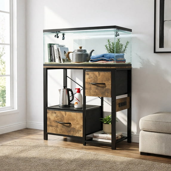 4-Tier Open Storage Aquarium Stand with Drawers, Metal Wood Freestanding Rack Power Outlets for 20-37 Gallon Fish Terrarium Turtle Tank Display
