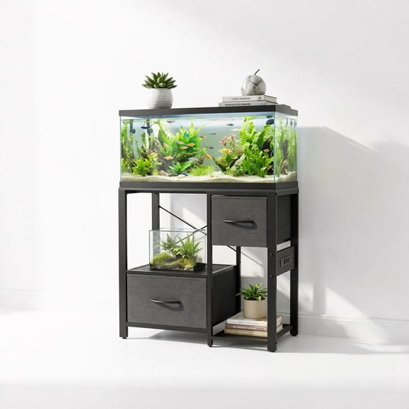4-Tier Open Storage Aquarium Stand with Drawers, Metal Wood Freestanding Rack Power Outlets for 20-37 Gallon Fish Terrarium Turtle Tank Display