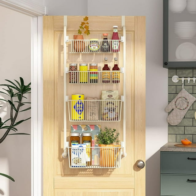 4Tier HeavyDuty Metal Pantry Door Organizer, Over Door Spice & Can Rack, White