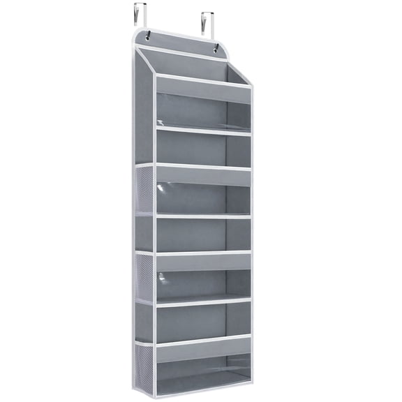 4 Tier Over The Door Organizer, LazySpin Bathroom Door Organizer Hanging with Clear PVC Window for Laundry Nursery Closet Essential, Gray