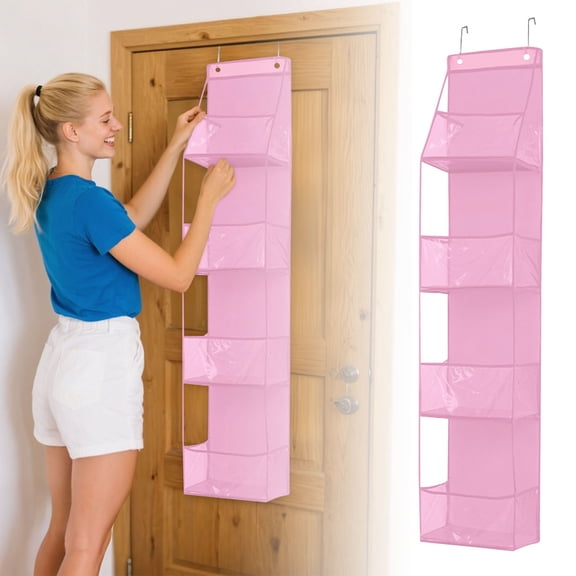 4 Tier Over The Door Organizer With Two Hooks Hanging Storage Container Non Woven Fabric Storage Rack For Room Clothes Toys(Pink-130Cm)