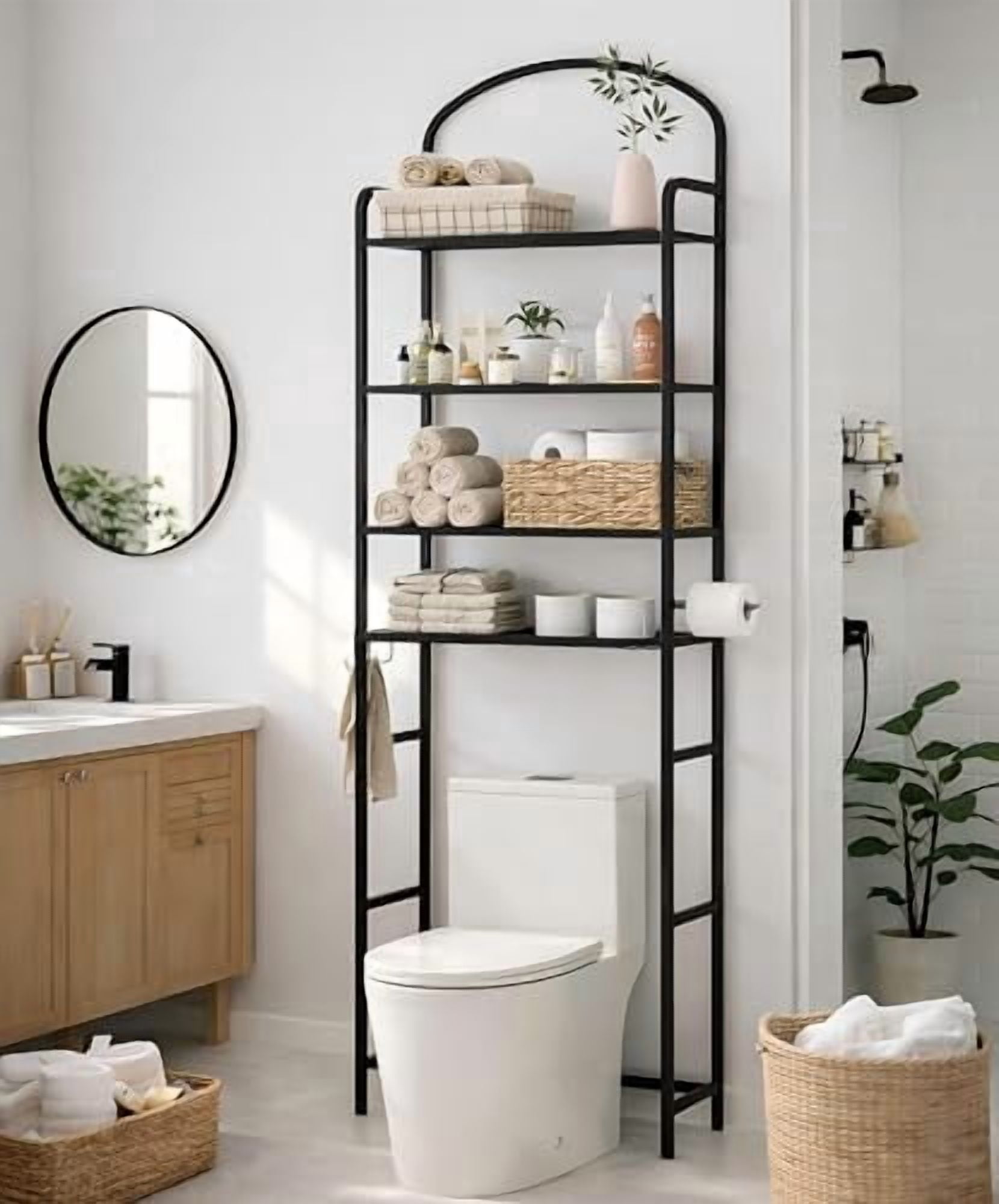 4-Tier Over The Toilet Storage, Bathroom Organizer, Space-Saving, Above Toilet Storage Rack with 4 Hooks and Paper Holder, Metal Shelf, Black