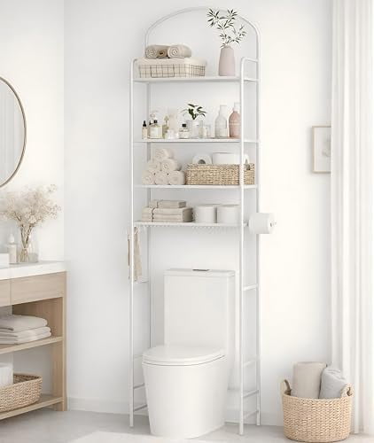 4-Tier Over The Toilet Storage, Bathroom Organizer, Space-Saving, Above Toilet Storage Rack with 4 Hooks and Paper Holder, Metal Shelf, White