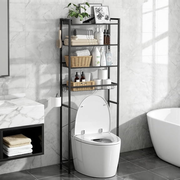 4 Tier Over The Toilet Storage Rack, Bathroom Organizer Shelf Over Toilet with 4 Hook and Roll Holder, Space Save Freestanding  Bathroom Shelves