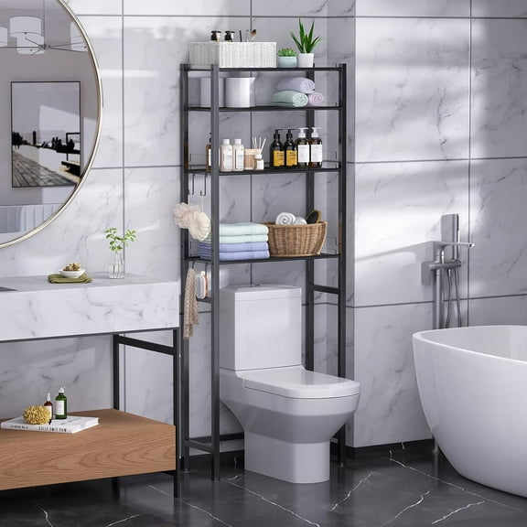 4 Tier Over The Toilet Storage Rack, Bathroom Organizer Shelves Cabinet Above Toilet, with Adjustable Height Freestanding Shelf Space Saver, Black