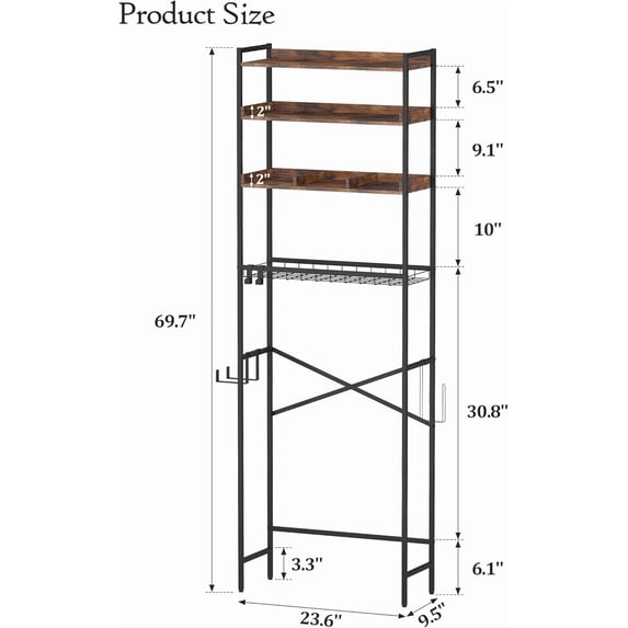 4 Tier Over The Toilet Storage Shelf with Adjustable Shelves and Hooks ...