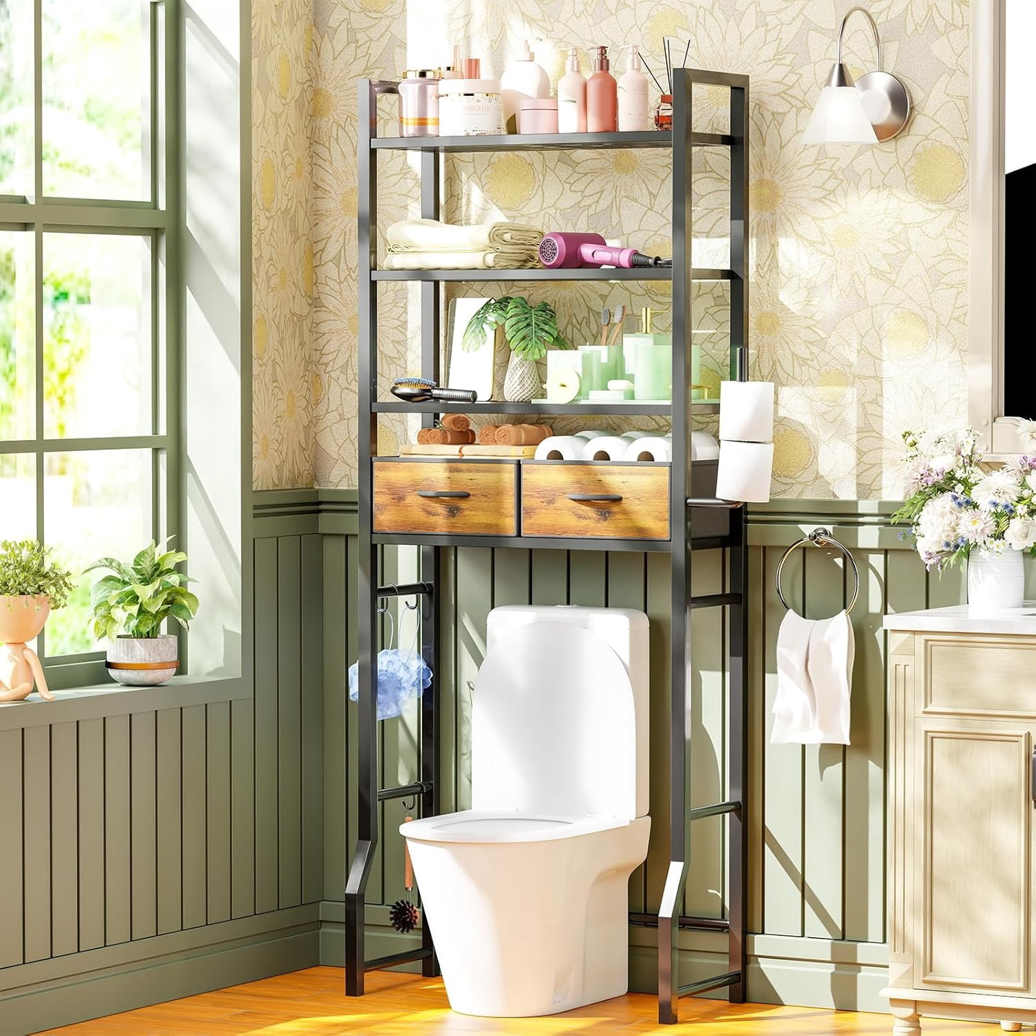4 Tier Over The Toilet Storage with Drawers, Heavy Duty Bathroom Stand ...