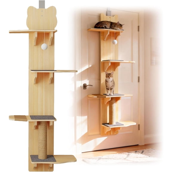 4-Tier Over-the-Door Cat Tree  59-Inch Space-Saving Tower with Scratching Posts & Soft Pads, No Drill Installation, Ideal for Multiple Cats(RL Domed-Top 1 Set)