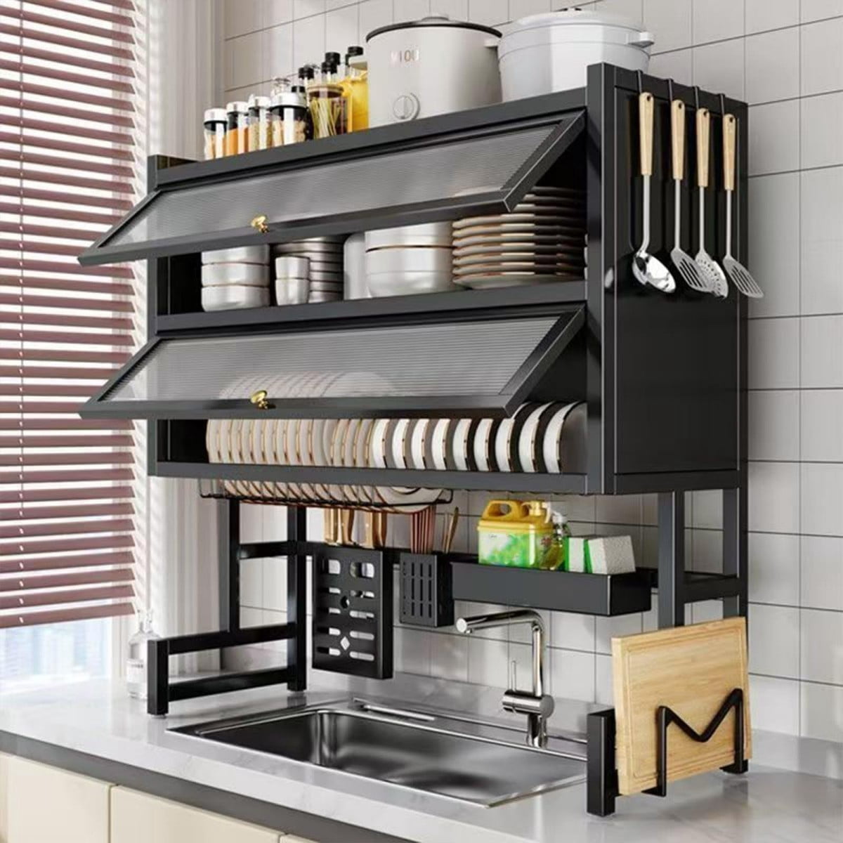 4-Tier Over the Sink Dish Drying Rack with Cover, 33.5" Large Dish Rack with Storage Basket, Knife & Cutting Board Holders