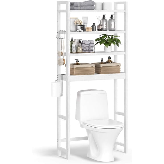 4-Tier Over-the-Toilet Bathroom Storage Organizer with Adjustable Shelves, Cloud White, 10.2" W x 24.8" D x 72.8" H