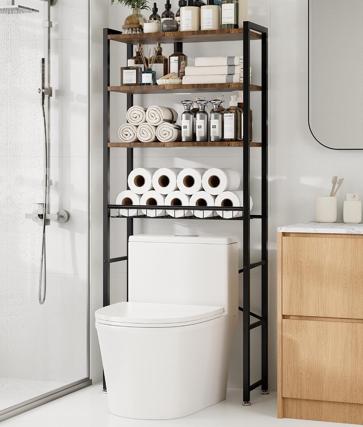 Formula 1 Rack 4-Tier Over-the-Toilet Storage Rack with One-Piece Wooden Shelves ...