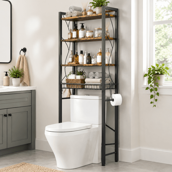 4-Tier Over-the-Toilet Storage Shelf, Rustic Brown Freestanding ...
