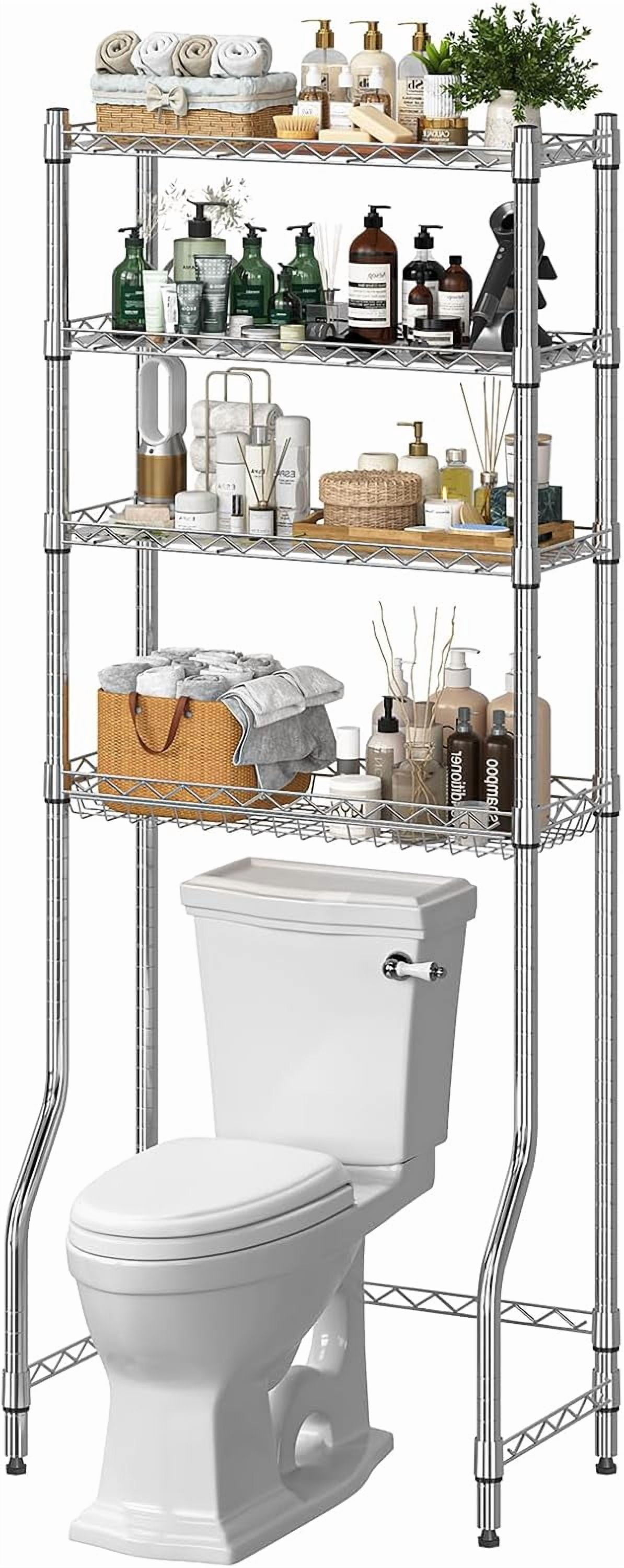 4-Tier Over the Toilet Storage Shelf with Adjustable Metal Shelves and Basket Chrome