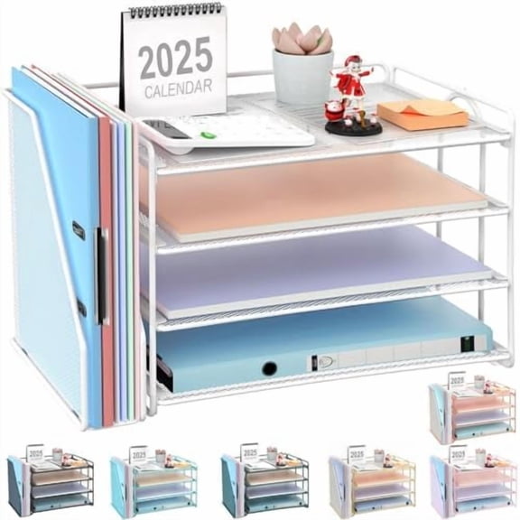 4-Tier Paper Organizer With Magazine Holder, Desk Organizers and Accessories, White Desk Accessories, File Organizer for Office Supplies Storag(White)
