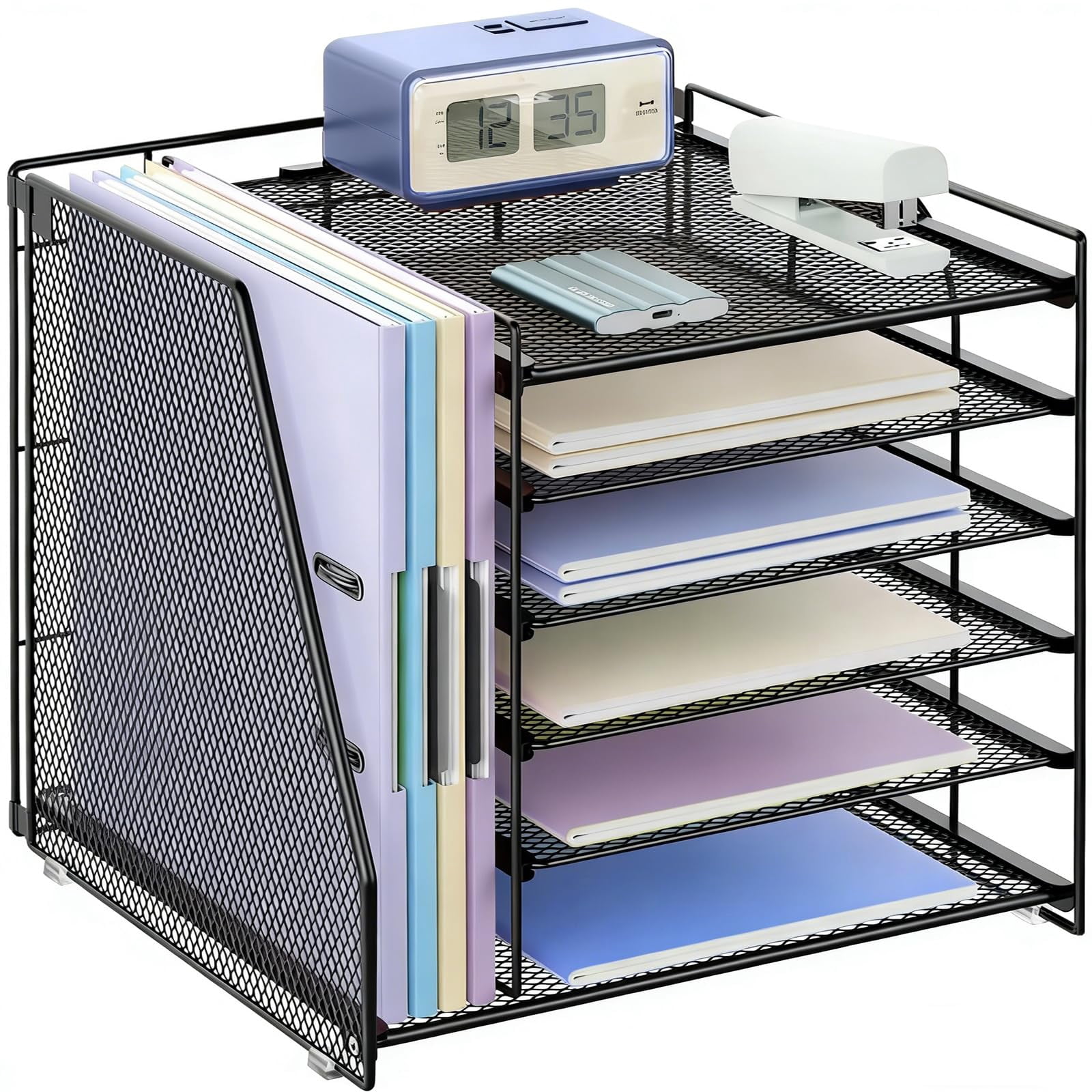 4-Tier Paper Organizer with Magazine Holder Desk Organizer File Storage for Office Supplies Workspace Accessories Black