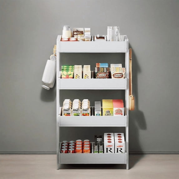 4-Tier Particleboard Display Rack with Metal Frame & Hooks - 29.13"W x12.2"D x55.12"H, Sturdy Storage Shelf for Retail/Kitchen/Office