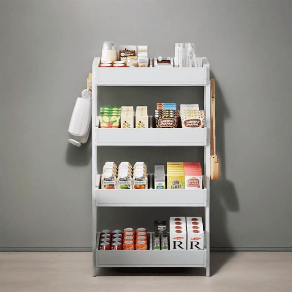 4-Tier Particleboard Display Rack with Metal Frame & Hooks - 29.13"W x12.2"D x55.12"H, Sturdy Storage Shelf for Retail/Kitchen/Office
