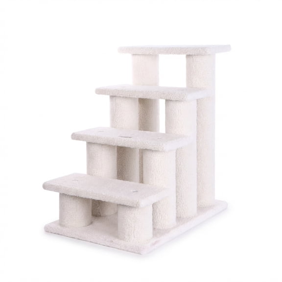 4-Tier Pet Stairs for Cats and Dogs, White Faux Fur Carpeted Steps with Anti-Slip Base, 25x25x17 Inches
