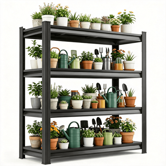 4-Tier Plant Shelving,14"W x 12"D x 44"H Black Shelf,2000LBS Capacity Adjustable Steel Shelving Unit with Double-Layer Panels & Thickened Columns for Home Kitchen Office Commercial Use
