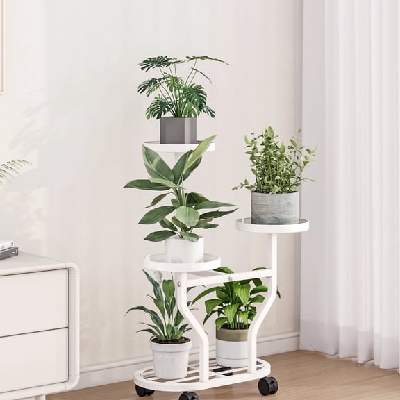 4 Tier Plant Stand With 4 Wheels, Metal PlantRack For Indoor Outdoor Plants Multiple,CornerTiered Flower Plants Shelf Stand for Living RoomBedroom