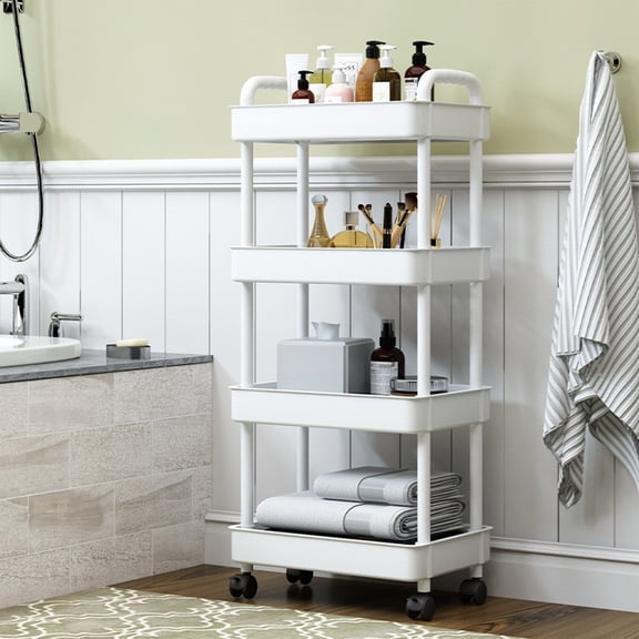 4 Tier Plastic Kitchen Storage Trolley with Casters - Multipurpose Utility Cart for Living Room Snack Shelf Book Toy Organizer