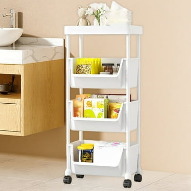 4-Tier Plastic Rolling Storage Rack Cart, Movable Plastic Storage Shelves,Storage Cart Organizer for Bedroom, Kitchen, Bathroom, Office 7.81 D X 11.81 W X 35.24 H In, White