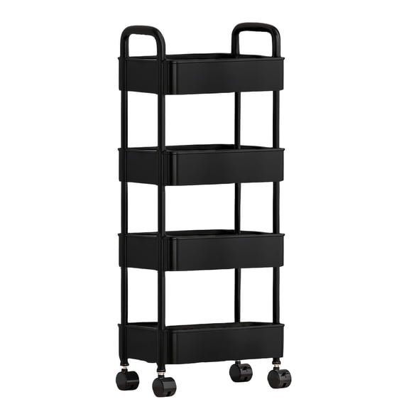4-Tier Plastic Rolling Utility Cart with Handle, Multi-Functional Storage Trolley for Office Living Room Kitchen, Movable Storage Organizer with Wheels