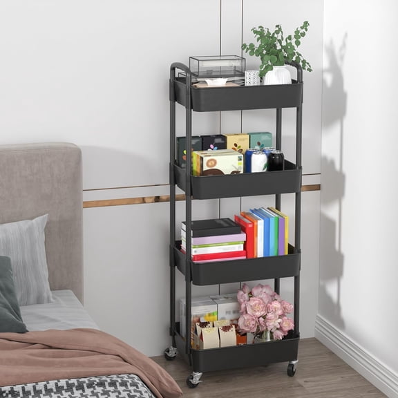 4 Tier Plastic Rolling Utility Cart with Handle Multi Functional Storage Trolley on Wheels for Office Living Room Kitchen Black
