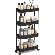 LLMRR 4 Tier Slim Rolling Storage Cart with wheels, Bathroom Storage Organizer, Kitchen Utility Cart, Narrow Shelf & Mobile Shelving Unit for Bathroom, Kitchen, Narrow Places, 4 Tier, Black